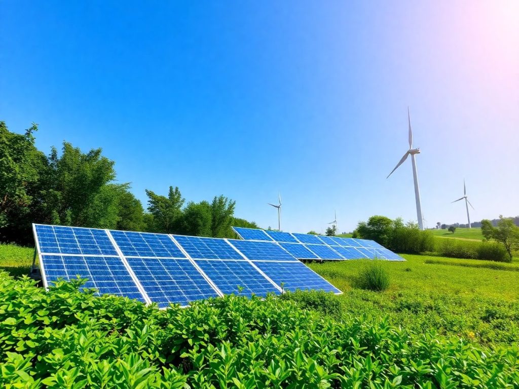 Peisaj verde cu panouri solare si turbine eoliene.