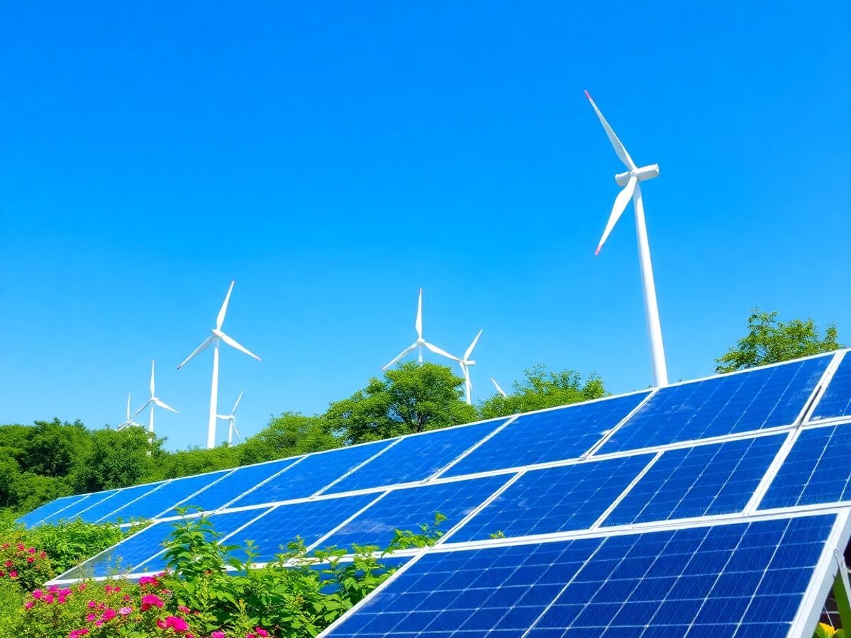 Panou solar și turbine eoliene în peisaj natural.