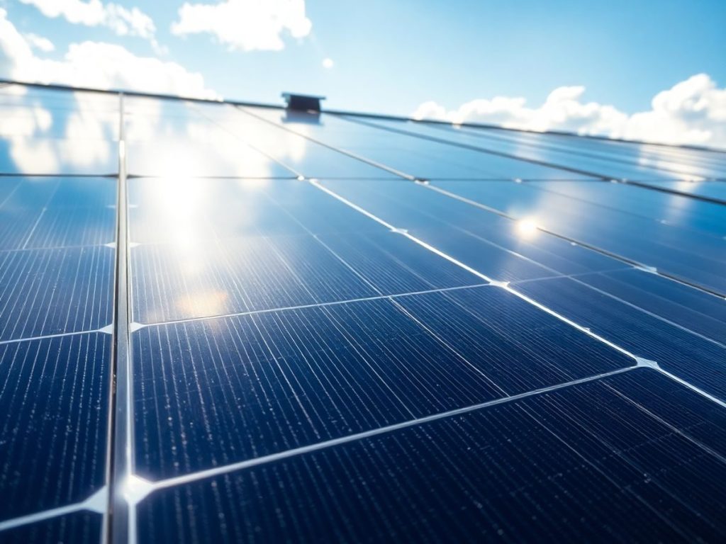 Panouri solare strălucitoare sub soarele puternic.