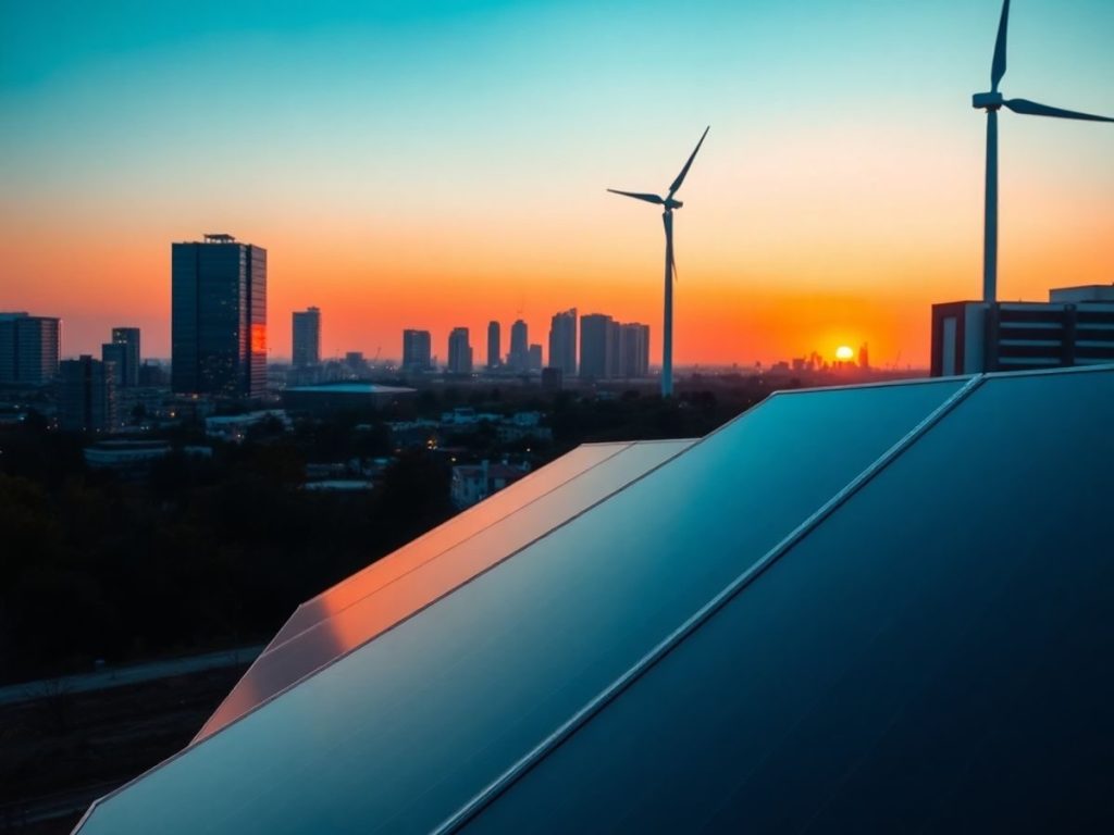 Panouri solare, turbină eoliană și oraș modern la apus