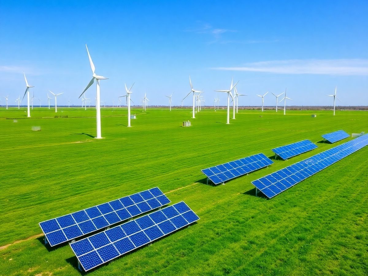 Panouri solare și turbine eoliene pe un câmp verde.