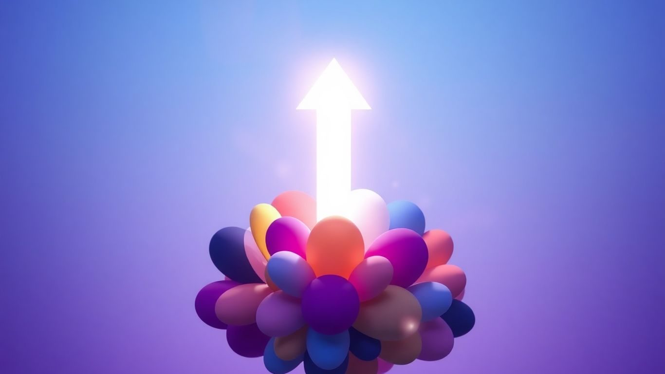 Săgeată luminoasă ascendentă peste forme colorate.