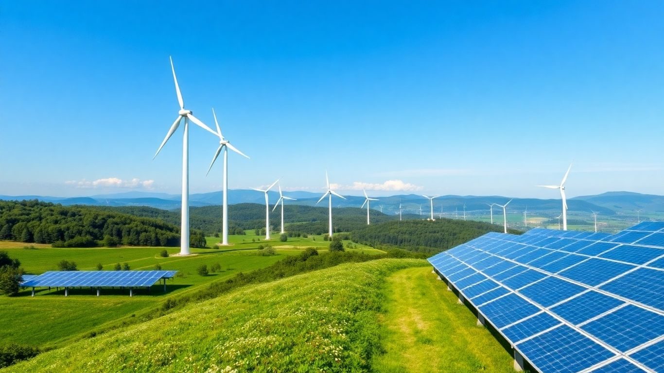 Peisaj românesc cu turbine eoliene și panouri solare